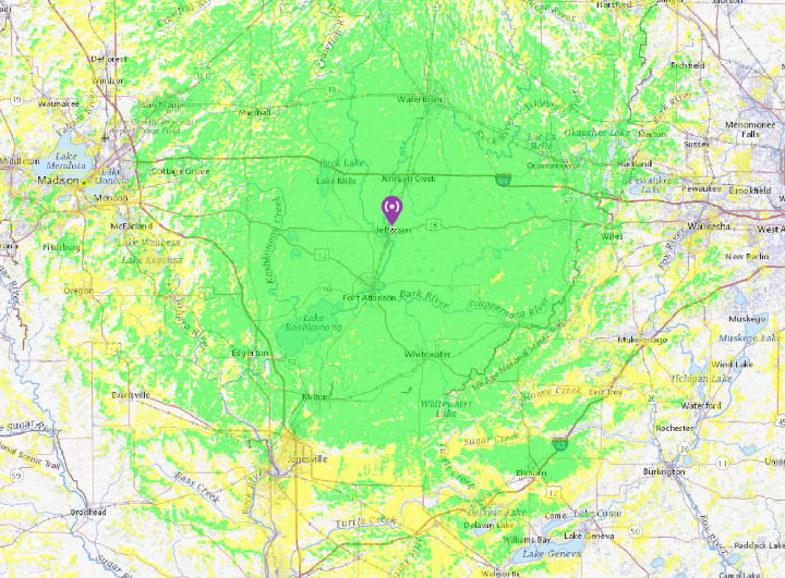 Coverage map for the W9MQB Repeater